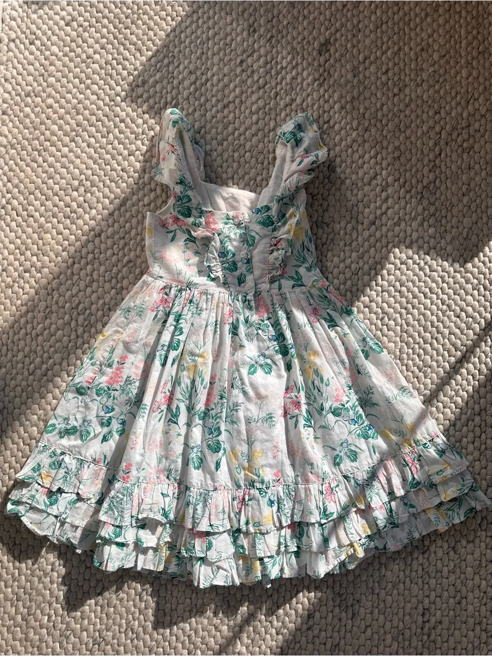 Janie and Jack White Floral Ruffle Sundress with Green, Pink & Yellow Print